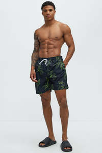 Shorts de bain pour hommes à imprimé floral, bleu foncé et vert, motif tropical, séchage rapide, taille à cordon de serrage, shorts de plage décontractés - Product Image 3