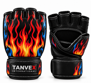 Guantes de MMA TANVEX INTERNATIONAL de Cuero, Medios Dedos, con Cierre, Transpirables, Elásticos, Unisex, Negros con Estampado de León Dorado, para Artes Marciales - Product Image 3