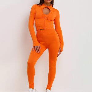 Ensemble de sport 3 pièces pour femme, couleur orange, pour yoga, course à pied, entraînement, gym, fitness, shorts et soutien-gorge sans couture, ensembles d'entraînement pour femme - Product Image 5