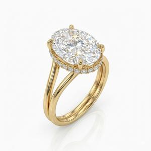 Anillo de compromiso clásico con diamante ovalado de laboratorio de 5 quilates, color DEF, claridad VS-VVS, halo oculto, banda dividida, oro macizo de 14K, banda ancha - Product Image 1