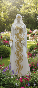 ชุดกะฟตันผ้าชีฟองสีขาวสุดหรู พร้อมงานปักลายดอกไม้สีทองอย่างประณีต และผ้าคลุมหน้าที่เข้าชุดกัน – ชุดเจ้าสาวสุดหรูและชุดสำหรับโอกาสพิเศษ - Product Image 2