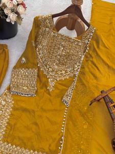 2024 Pakistani Fashioned Heavy Embroidery Chinon Silk <b>Naira</b> <b>Cut</b> Kurti 3-Piece <b>Dress</b> Collection with Plazzo Salwar for Women - Product Image 4