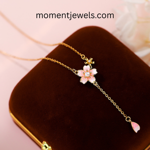 925 Silver Flower Pendant Necklace Gold Plated Pink Enamel Cherry Blossom <b>Locket</b> Chain Necklace for Women Gift - Product Image 4