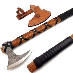 Handmade <b>Axe</b> Carbon Steel Blade Wood <b>Handle</b> With Leather Sheath Outdoor Knife - Product Image 1