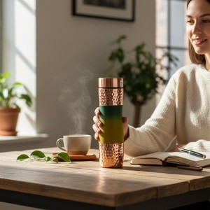 Leak-Proof Pure Copper Ayurvedic <b>Flask</b> – Green Ombre & Hammered Finish. ( Certified pure copper ) - Product Image 1