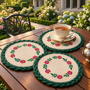 Napperon Bohème Personnalisable en Jute 100% Écologique de 10 Pouces, Motif Floral Rouge Peint à la Main, Bordure Tressée Verte, Vente en Gros - Product Image 5