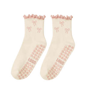 Wholesale Womens Youth White Ruffle Embroidery Bow Anti-Slip Crew Pilates Heart <b>Grip</b> Custom Breathable Yoga Pilates Sports <b>Sock</b> - Product Image 4