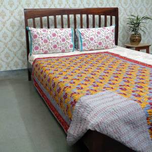 Hand Block Printed Kantha Cotton Twin Quilt 150x220 cm Hand Embroidered Indian Handmade <b>Throw</b> Bedspread Traditional Home Textile - Product Image 4