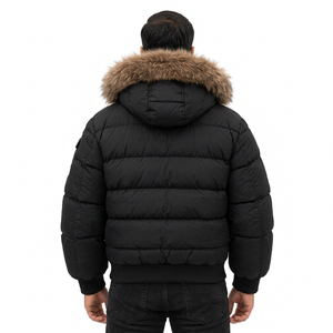 Men's Black Puffer <b>Jacket</b> <b>Hooded</b> Zipper Closure Cotton Filling <b>Fur</b> Collar Breathable Windproof Casual Streetwear Winter Wear - Product Image 3