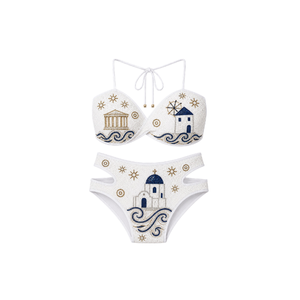 <b>White</b> Halter Neckline Beaded <b>Bikini</b> with Side Cut-out Bottom Meditrainnian City Pattern Wholesale Women's Beach Wear <b>Bikini</b> <b>Set</b> - Product Image 1