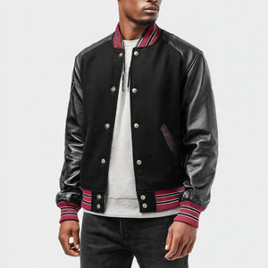 Men <b>Leather</b> Varsity <b>Jacket</b> Crew Neck <b>Long</b> Sleeve PU <b>Leather</b> Varsity <b>Jackets</b> Men Button Up Baseball <b>Leather</b> Varsity <b>Jacket</b> Tops - Product Image 4