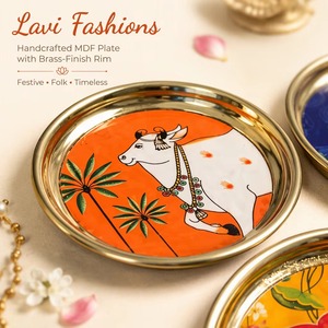 Lavi Fashions Pichwai Cow Brass Plate Potli Bag MDF Haldi Kumkum Return Gift Combo Indian Pichwai Cow Print Decorative Plate Cow - Product Image 4