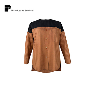 Blusa Lainey a Rayas Marrón y Rojo, Proveedor OEM de Malasia, Ropa Modesta, Camisa a Rayas de Manga Larga para Mujer, Prenda de Oficina sin Plancha - Product Image 1