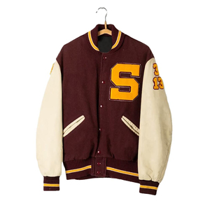 Chaqueta Universitaria Personalizada Color Granate y Crema con Parche de Chenilla en Forma de "S", Cuerpo de Lana y Mangas de Cuero Genuino - Product Image 1