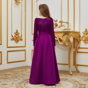 Vestido de Lujo para Niñas con Lentejuelas y Bordado de Terciopelo, Cuello en V, Manga Larga, Color Morado, para Eventos Formales, Bodas y Fiestas 2026 - Product Image 6
