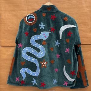 Boho Embroidered Velvet <b>Jacket</b> <b>Women</b> Oversized Snake Applique <b>Zip</b> <b>Up</b> Coat Retro Artsy Outerwear Autumn Wear - Product Image 6