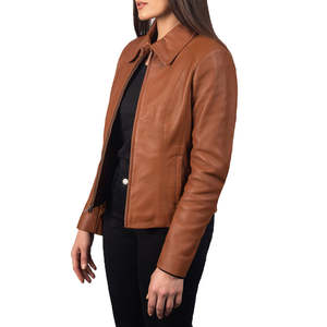 Veste en cuir véritable pour femme, couleur tan, col classique, coupe ajustée, fermeture éclair sur le devant, imperméable, automne-hiver, qualité supérieure - Product Image 5