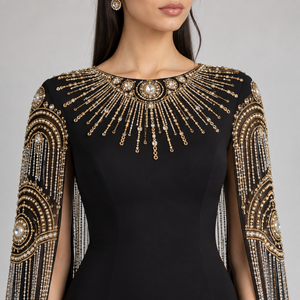 Midnight Black Modern Satin <b>Cape</b> Gown for <b>Women</b> Antique Gold Embroidery Crystal Fringe Detailing Elegant Floor Length Silhouette - Product Image 3
