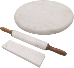 Marble Rolling <b>Board</b> and Marble Roller <b>Pin</b> Stand Round Pastry <b>Board</b> and Dough Scraper <b>White</b> Stone Kitchen Baking Tools - Product Image 1