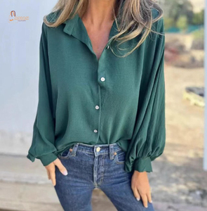 Chemisier uni à col rabattu pour femme, manches raglan, boutons sur le devant, printemps, été, automne - Product Image 1