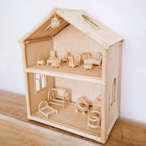 Mini casa de muñecas de madera, casas de muñecas de ratán, casa de juegos para niños, juguete hecho a mano inspirado en Montessori - Product Image 1