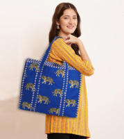 Sac fourre-tout matelassé en coton fait main, durable et léger, imprimé tigre, rayures bleues, réversible, automne/printemps/été, pour le shopping ou à porter à l'épaule