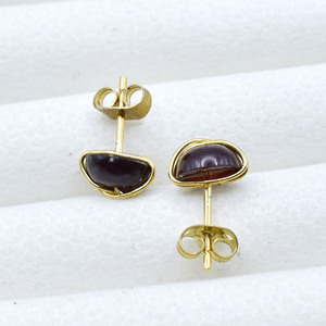 Garnet Round Wire Wrapped <b>Stud</b> <b>Earrings</b> 8mm | Handmade Brass And Silver Red Gemstone <b>Studs</b> | January Birthstone <b>Crystal</b> Jewelry - Product Image 4