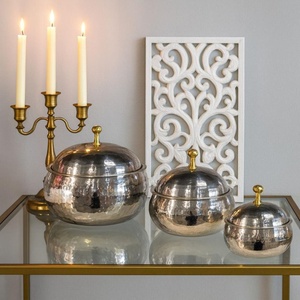 Hammered Design Metal <b>Serving</b> <b>Dish</b> <b>Set</b>. 3-Pieces Elegant Storage Bowls With Gold Knobs Polished Silver Finish For Home & Kitchen - Product Image 5