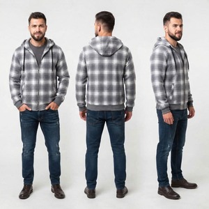Haut à capuche en flanelle pour homme, entièrement zippé, à carreaux, à manches longues, avec poches latérales, pour l'hiver décontracté - Product Image 5