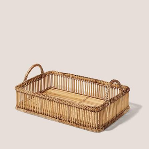 Plateau de service ovale en rotin tressé brun foncé avec poignées latérales surélevées, disponible à prix de gros. - Product Image 5