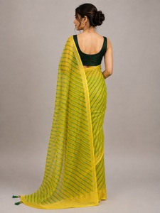 Sari en soie rayé jaune et vert pour femmes, tenue traditionnelle indienne, décontracté, longueur au sol, coupe classique, toutes saisons, Bengale occidental - Product Image 4