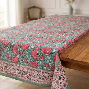 Mantel con estampado floral verde y flores rosas, con borde ornamental en tela verde salvia, diseño estampado a mano. - Product Image 5