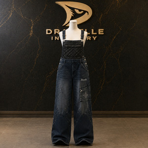 Peto vaquero acolchado con bordado, estilo oversize holgado Y2K, ropa urbana, peto con logo personalizado, pantalones cargo para hombre - Product Image 1