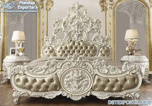 Cama tallada y mesitas de noche Estilo Vintage, mueble de dormitorio tallado a mano tradicional indio, parte trasera alta, cama tallada dorada - Product Image 2