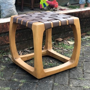 Modern Indonesian Teak Wood Stool with Woven Leather Straps <b>Seat</b> Contemporary Accent Chair for Home Decor Indoor Outdoor Use - Product Image 4