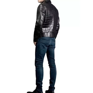 Veste en cuir gaufré croco pour homme, style motard, fermeture éclair sur le devant, col rabattu, coupe ajustée, pour l'automne - Product Image 1
