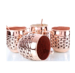 Modern Wabi Sabi Copper <b>Mugs</b> Ornate Etched Metal Drinkware Set Luxury Metallic Woven Cocktail Tumbler Spoon Handle Pack - Product Image 1