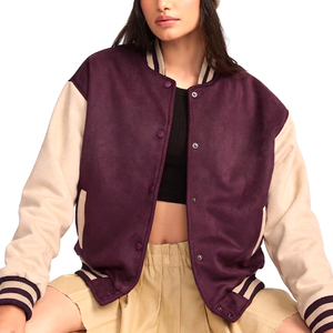 Purple Beige Full Sleeve Turn Down Collar Button Closure Autumn Regular Length Contrast Color Design Women Varsity Jackets - Product Image 1
