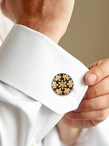 Mancuernillas de Lujo con Baño de Oro y Cristales Negros Florales para Hombre, Accesorios Formales para Camisa, Regalo de Boda o Negocios, Diseño Exclusivo - Product Image 1
