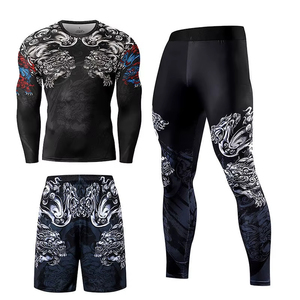 Conjunto Deportivo de 3 Piezas con Estampado de Dragón, Compresión, Manga Larga, Pantalones Largos y Cortos, Secado Rápido, Spandex, Poliéster, para Yoga y Deportes, para Hombre - Product Image 1