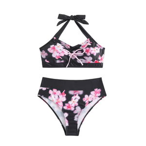 Ensemble de bikini imprimé pour femmes, maillot de bain deux pièces taille haute avec détail cordon de serrage - Product Image 3
