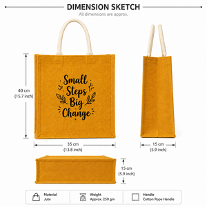 Jute Shopping Bag <b>Small</b> <b>Steps</b> Big Change Print Cotton Rope Handle 40x35x15cm Mustard Yellow Reusable Tote Bag - Product Image 2