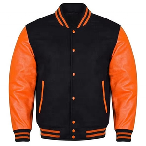 Veste de baseball de qualité supérieure, style Letterman, pour l'école, le collège, ou le sport, noire et orange, avec manches en cuir véritable - Product Image 1