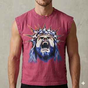 Chaleco informal para hombre, lavado al ácido, con pedrería, extragrande, resistente, para fitness, cuello redondo, con estampado digital - Product Image 2