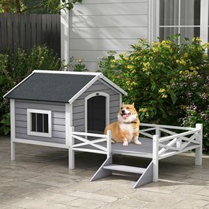 Cuccia per Cani in Legno Massello Grigio, Classica Casetta per Gatti con Villa Interna per Razze Piccole e Medie - Product Image 2