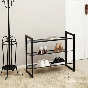 OEM/ODM Vietnam <b>3</b> Tier Adjustable Metal Mesh Shoe Rack Storage Organizer Stand Stackable Flat or Angled Shelf Black - Product Image 3