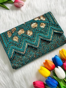 Handmade Chevron Embroidered Emerald <b>Green</b> & Gold Beaded Messenger Bag for Women and Girls Premium Gift Accessory Beaded <b>Purses</b> - Product Image 1