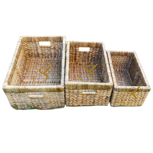 Water Hyacinth Multi-Utility Basket Set of Three with Wooden Frame - Rustic Home Storage - Product Image 1