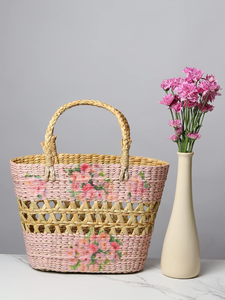 Handmade <b>Straw</b> Storage <b>Basket</b> Pink Bohemian Woven <b>Basket</b> with Handles for Living Room Organization 33x15x85cm - Product Image 4