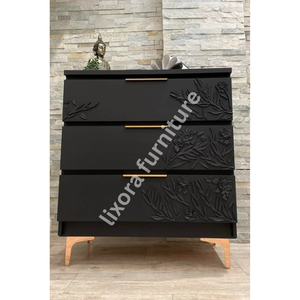 Luxury Handcrafted Solid Wood 3 Drawer Dresser Ornate Floral Branch Relief Carving Matte Black Finish - Product Image 4